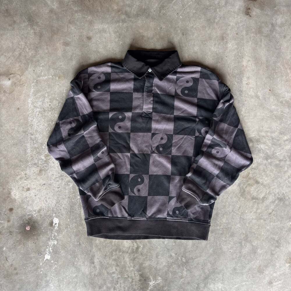 Vintage Yin Yang Checkerboard Long Sleeve Polo Shirt